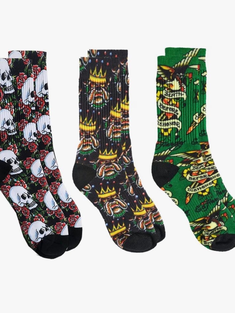 ED HARDY Tattoo Print Fashion Cushioned Crew Socks 3 Pairs Mens 6-12 Womens 8-12